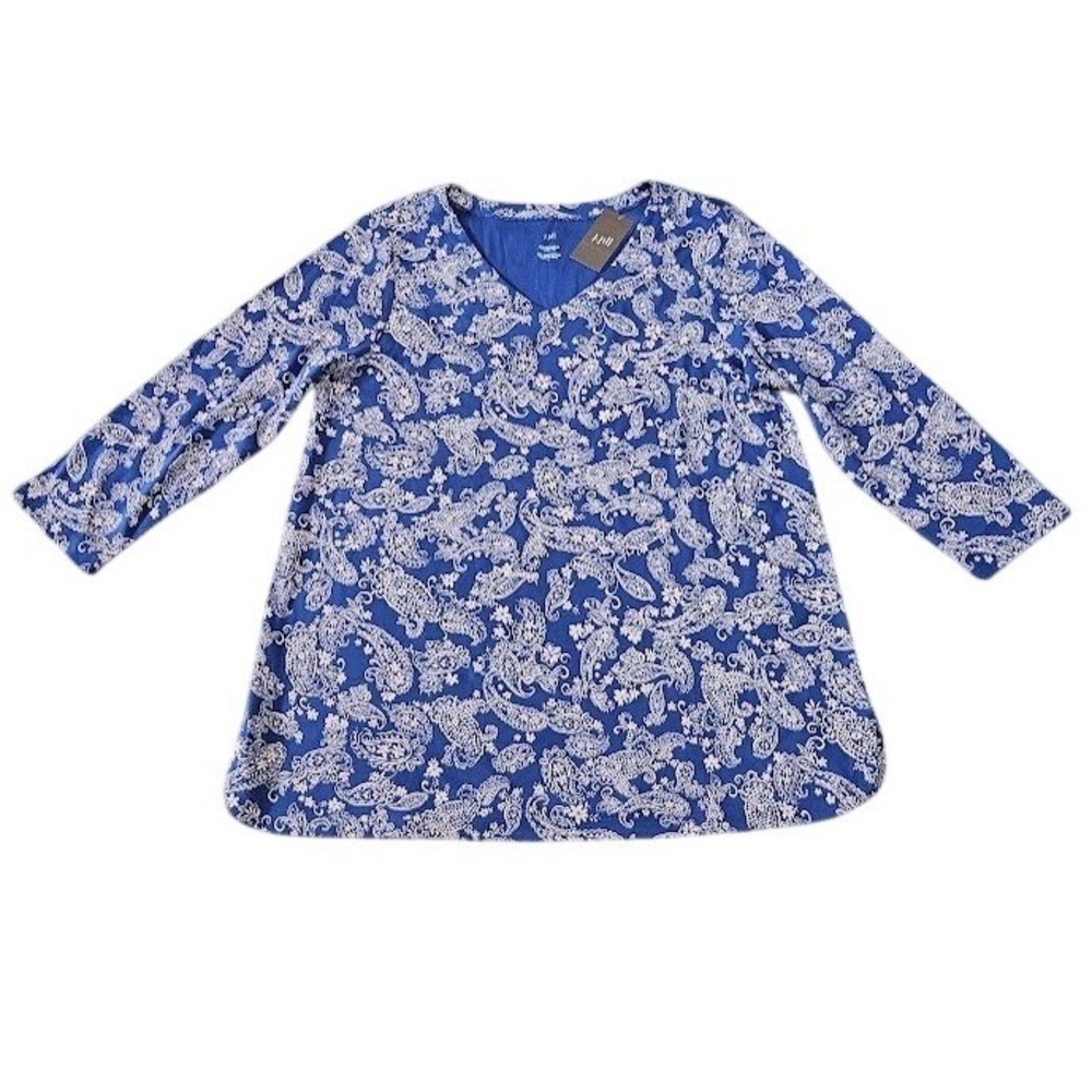 J. Jill Pima Cotton 3/4 Sleeve V-Neck Tee Women Large Blue Paisley Print Top New